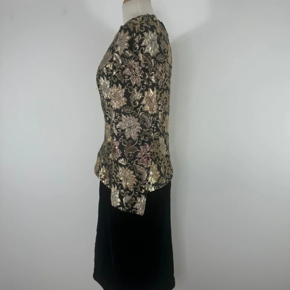 VTG JESSICA McCLINTOCK Velvet Brocade Party Dress Puff Black Gold Ball Gown 10
